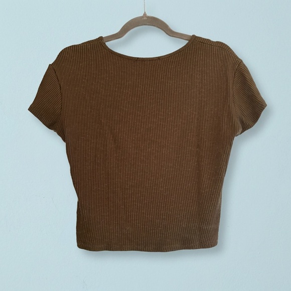VTG Women's Army Green Ribbed Top Thick Knit Materiel Stretchy Cropped Crew Sz M - Picture 2 of 9